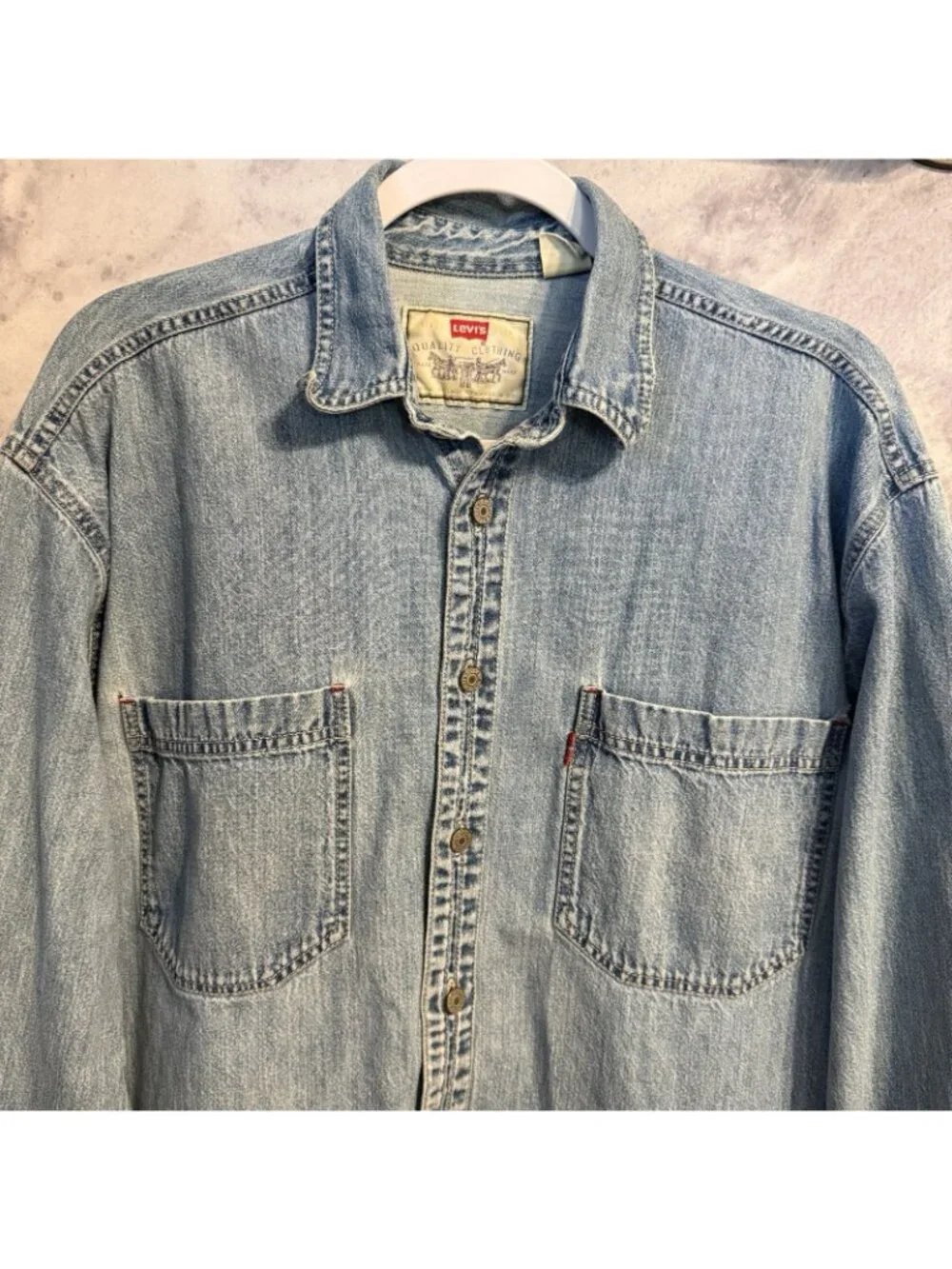 Vintage 90s Levis Denim Shirt Medium M Light Wash Red Tab Long Sleeve Button Up